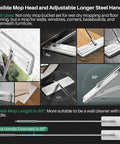 Two Tank Wash And Dry Mop And Bucket Set With Long Handle Flat Mop in various cleaning positions for floors and walls.