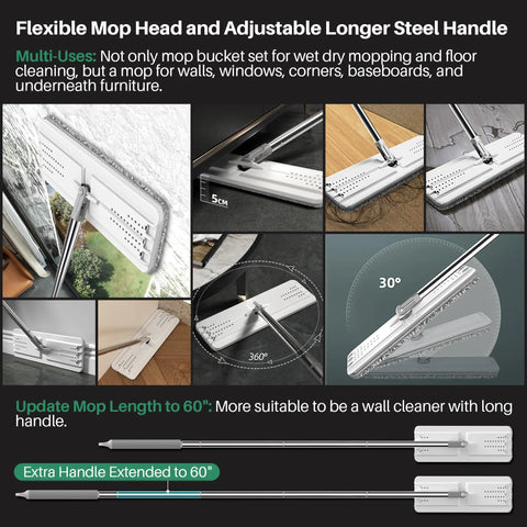 Two Tank Wash And Dry Mop And Bucket Set With Long Handle Flat Mop in various cleaning positions for floors and walls.