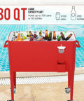 80 Quart Rolling Ice Chest With Wheels For Backyard BBQs And Parties by pool with bottles, cooler cart in red with bottle opener.