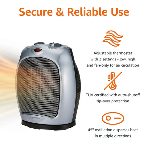 Oscillating Ceramic Portable Indoor Space Heater With 1500W Fast Heat 3 Settings 45 Degree Oscillation Adjustable Thermostat