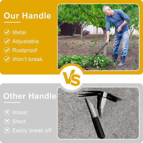 Comparison of Two In One Garden Hoe And Cultivator With 45 Inch Long Handle against basic wooden tool handle.