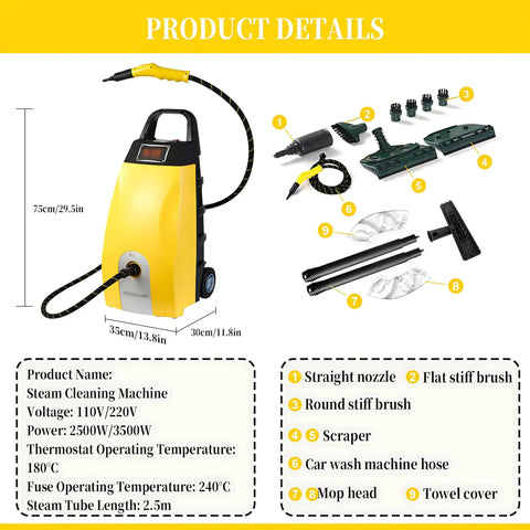 High Power 3000w Steam Cleaner With Continuous Vapor And Triple Safety System For Deep Cleaning Cars, parts and dimensions included.