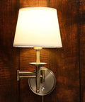 Swing Arm Wall Sconce Light With Plug In Or Hardwired Mount, Brushed Nickel Wall Lamp On Wooden Wall