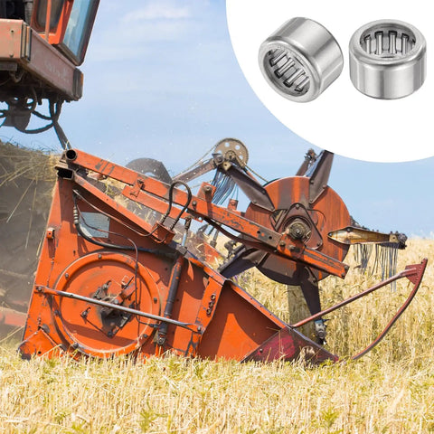 10 Pack HK1312 One Way Needle Roller Bearing 13x19x12mm in steel, shown with agricultural machinery, for heavy duty use.