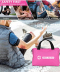 Must Have Portable Car Emergency Kit With 12V Air Compressor Jumper Cables First Aid Auto Tool Set Roadside Safety Gear Winter Driving Essentials Hot Pink Kit For Women Men Teens displayed near person using first aid.