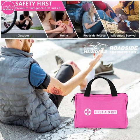 Must Have Portable Car Emergency Kit With 12V Air Compressor Jumper Cables First Aid Auto Tool Set Roadside Safety Gear Winter Driving Essentials Hot Pink Kit For Women Men Teens displayed near person using first aid.