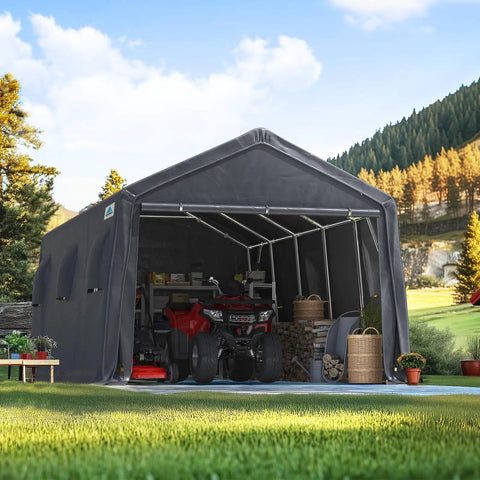 13x20 Ft Carport Tent With 2 Roll Up Doors And Vents, All Weather Portable Storage Shelter with gray exterior in scenic landscape