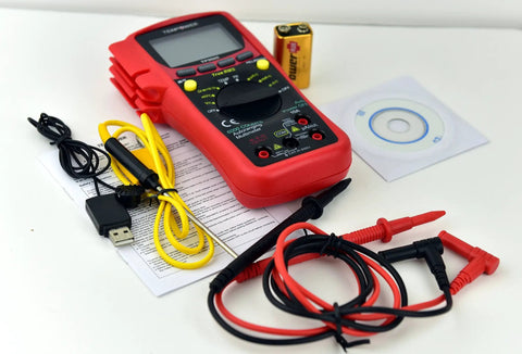 TP9605BT Auto Ranging Digital True RMS Smart Multimeter With Bluetooth And USB Free iOS And Android App Cellphone Connected Meter; shown with probes, USB cable, battery, and manual.
