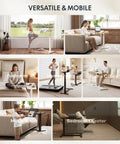 Adjustable Height C Shaped End Table With Split Tilting Top And Gas Spring Lift in various home settings