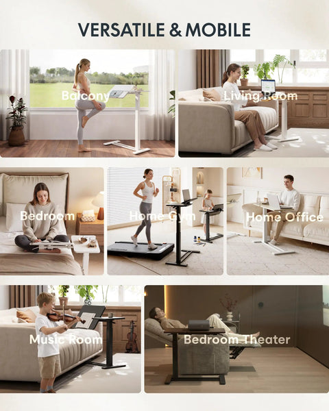 Adjustable Height C Shaped End Table With Split Tilting Top And Gas Spring Lift in various home settings