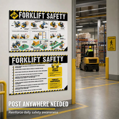 Two Laminated Forklift Safety Posters Set 17 By 24 Inches OSHA Compliant Wall Signs With Easy Operation Rules And Visual Guides For Warehouse And Distribution Center And Industrial Use on warehouse wall