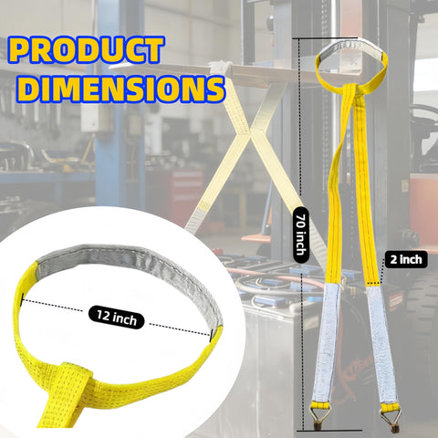 Heavy Duty Forklift Battery Lifting Sling With 12 Inch Wire Hook And Round Ring showing product dimensions and usage in a warehouse