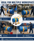 Heavy Duty Drum Lifter Cart Cranks Up To 660 Lbs And Tilts For Easy Pouring Of Steel Or Plastic Barrels With Safe One Man Lift Action At The Factory in warehouse and factory settings.
