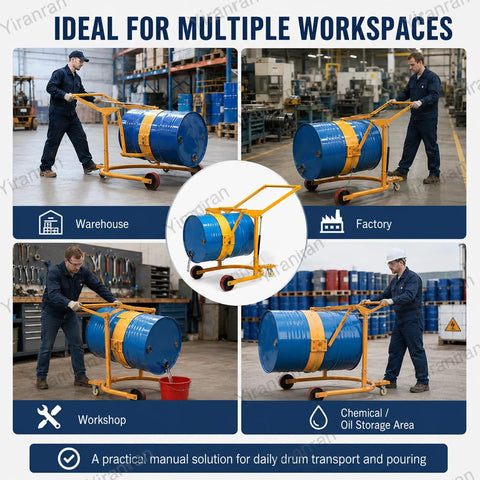 Heavy Duty Drum Lifter Cart Cranks Up To 660 Lbs And Tilts For Easy Pouring Of Steel Or Plastic Barrels With Safe One Man Lift Action At The Factory in warehouse and factory settings.