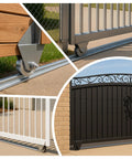Collage of gates on 24ft galvanized V track for 1in V groove gate rollers, showcasing smooth sliding mechanism and design detail.