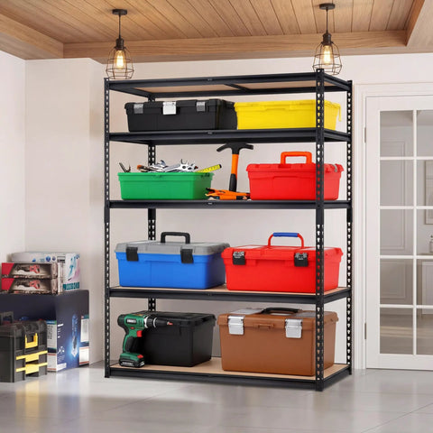 Beefy Five Tier Heavy Duty Garage Storage Shelves With Adjustable Metal Frame And Thick MDF Panels, 36 x 18 x 72 in, loaded in a garage