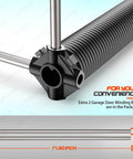 Close-up of heavy duty 2 inch garage door torsion springs set with aluminum winding cones and bars visible, part of kit.
