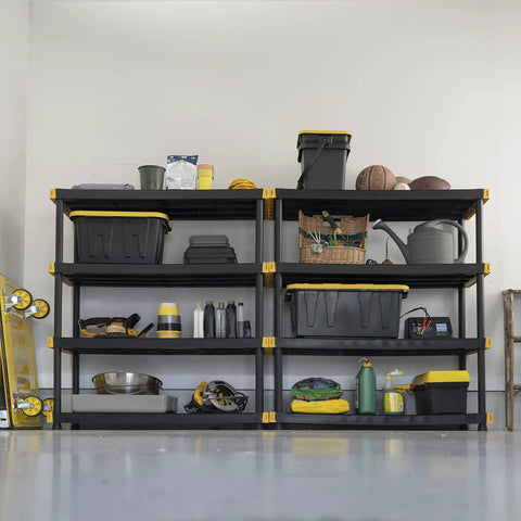 Heavy Duty 4 Tier Garage Storage Shelves With 4 Pack 27 Gallon Bins And Lids Built Tough To Stash Your Gear Tight And Support Heavy Loads Without Breaking A Sweat