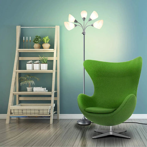 Five Head Medusa Floor Lamp with Large Frosted Shade and Gooseneck in a modern living room setting with a green chair