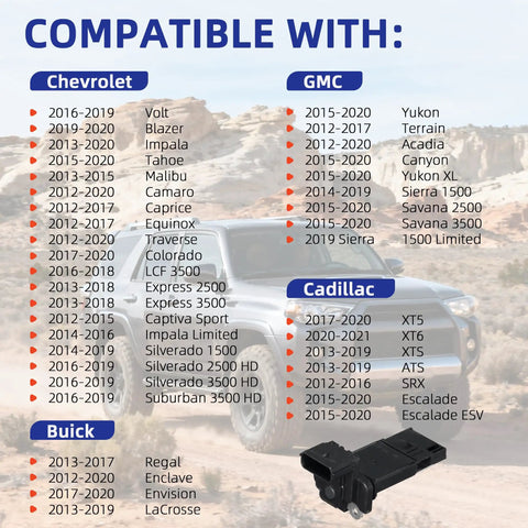 Mass Air Flow Sensor MAF Compatible With Chevrolet Malibu Equinox Impala 2013 2020 Plus Budget Friendly Cadillac ATS XTS GMC Terrain Yukon XL Buick Replace OE 23262343 23366103 AFH70M78 Plug And Play, with compatibility list in background