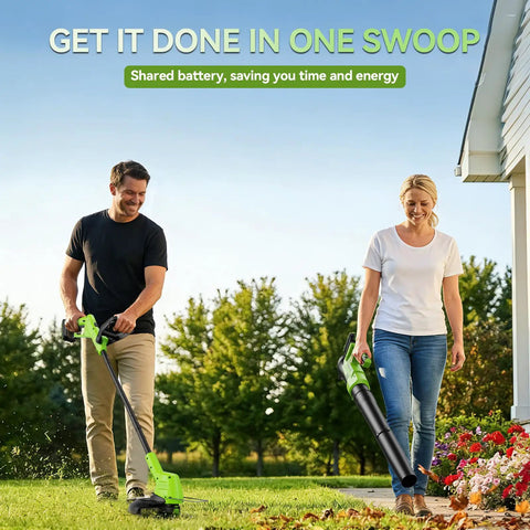 Two people using Ultra Lightweight Cordless String Trimmer And Leaf Blower Combo With 2Ah Battery And Fast Charger for easy yard work