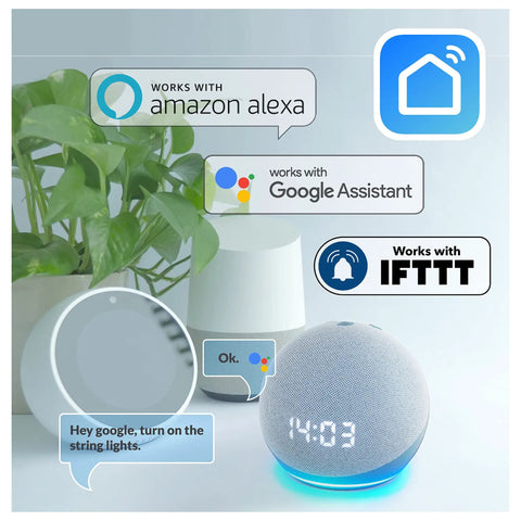 Smart speaker integration for 48Ft 15-Socket LED Outdoor String Lights With Remote Control Alexa Compatible Smart Life App Dimmable
