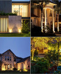Low Voltage Outdoor Landscape Lights Kit 6 Pack IP65 Waterproof 7W 700LM Warm White 2700K illuminating various house exteriors.