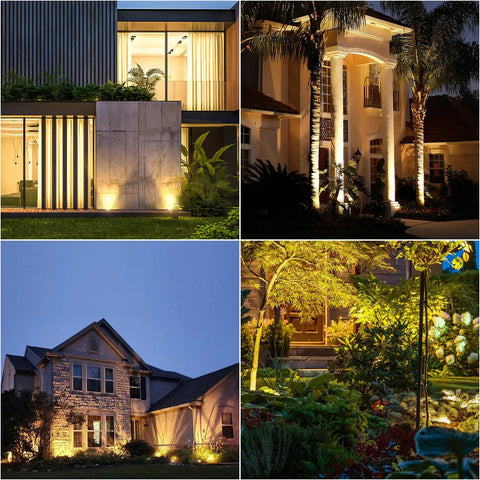 Low Voltage Outdoor Landscape Lights Kit 6 Pack IP65 Waterproof 7W 700LM Warm White 2700K illuminating various house exteriors.