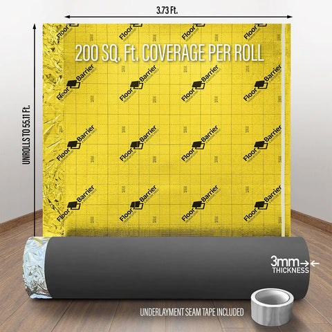 Top Tier Floor Underlayment With Integrated Moisture Shield Two Hundred Square Foot Roll 3mm thick for sound dampening.
