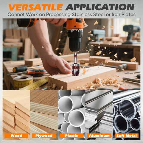 Front view of a 5-piece 82° HSS countersink drill bit set with quick-change hex shank for wood, metal, plastic