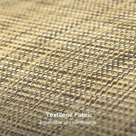 Close-up of breathable textilene fabric used in Three Seat Deluxe Outdoor Porch Swing With Weather Resistant Steel Frame Heavy Duty Construction Adjustable Tilt Canopy Beige Side Storage Pockets And Smooth Rocking Motion Supports Up To 750 Pounds.