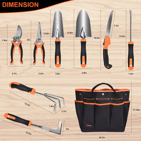 10 Piece Stainless Steel Garden Tools Set For Planting And Pruning, Heavy Duty Kit With Ergonomic Non Slip Handles, display layout