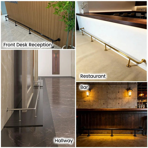 Top Shelf Gold Bar Foot Rail Kit Featuring Heavy Duty Wall Brackets solid tube used in various settings like hallway and bars.