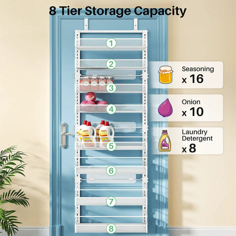 8 Tier Over The Door Organizer With Grip Tight Adjustable Hook And Flexi Baskets Huge White Closet Rack That Hooks Up Quick And Keeps Your Stash Neat Without Any Headaches Or Hassle