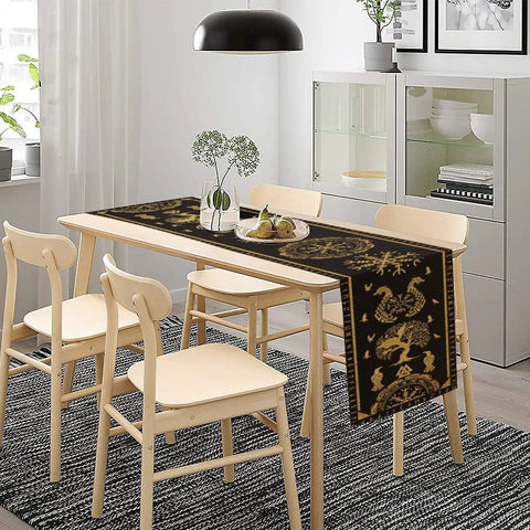 Tree Of Life Dope Abstract Table Runner 13x60 Inches With Golden Black Celtic Geometric Dragon Boat Rudder Motifs on dining table