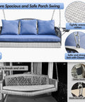 Wicker Porch Swing Three Seat Heavy Duty Outdoor Patio Chair with Cushions and 8.9 Ft Chains showing blue cushions and metal frame.