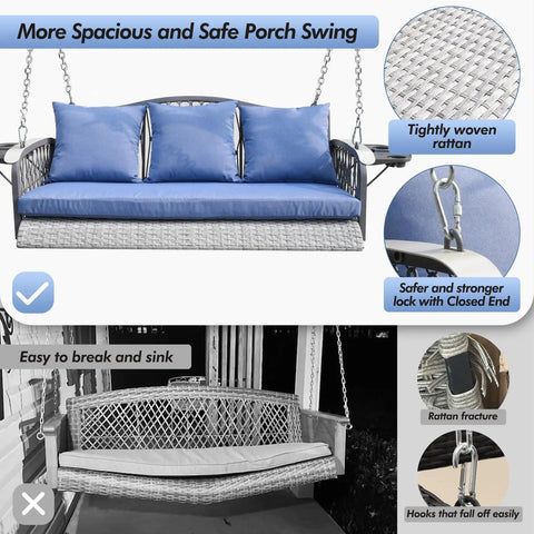 Wicker Porch Swing Three Seat Heavy Duty Outdoor Patio Chair with Cushions and 8.9 Ft Chains showing blue cushions and metal frame.