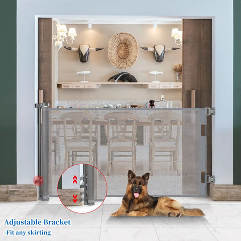 70 Inch Wide Retractable Baby Gate With 33 Inch Height installed in doorway, dog sitting