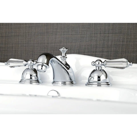 Close-up of Wilshire Widespread Bathroom Faucet With Brass Pop Up Drain Polished Chrome Brass Built To Last Drip Free Ceramic Disc Cartridge