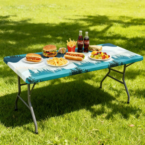 Forest Color Fitted Tablecloth For 6 Foot Folding Tables Waterproof Elastic Spandex Blend Stretch Washable Table Cover With Elastic Edges For A Snug Fit Ideal For Picnic Camping Outdoor 30 By 72 Inches on picnic table with food and drinks outdoors