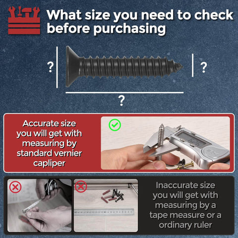 Guide to accurately measure screws using vernier calipers with image of 1000 Piece Phillips Flat Head Wood Screws Set Self Tapping Countersunk Screws In ST1 ST1.2 ST1.4 And ST1.7 Sizes 3mm To 6mm Carbon Steel Black Great For Woodworking Projects And DIY Home Improvement.