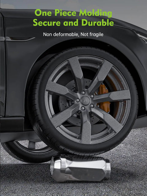 Car tire over Chrome Closed End Lug Nuts Set 32 Pieces 9/16-18 Thread for Ram Trucks, showing durability and strength