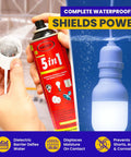5 In 1 Industrial Lubricant Spray with Moisture Displacer can and submerged light bulb showcasing waterproofing ability