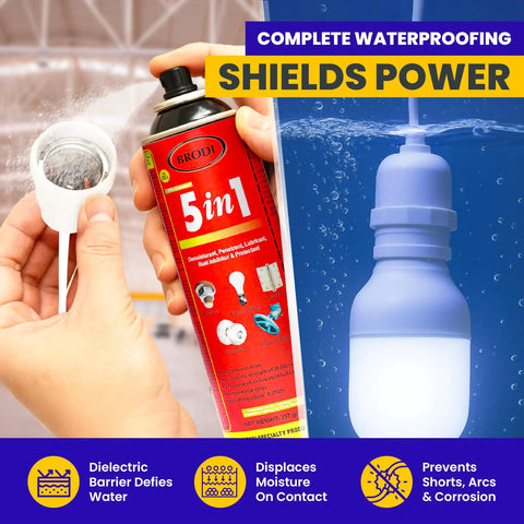 5 In 1 Industrial Lubricant Spray with Moisture Displacer can and submerged light bulb showcasing waterproofing ability
