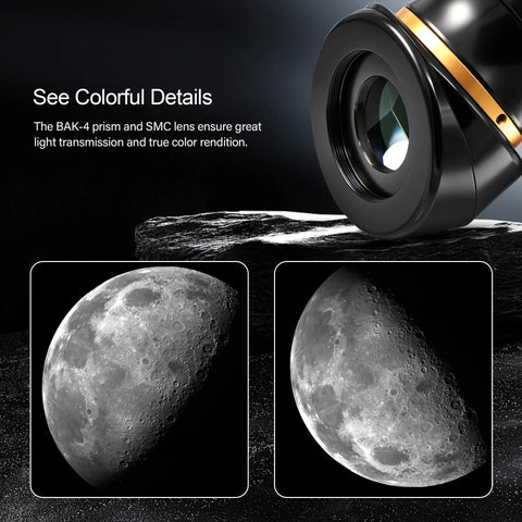 2 Inch Diagonal 45 Degree Erect-Image Prism For Telescope With BAK4 Prism And Anti-Reflective Coating Delivers Sharp Clear Views Includes 2 To 1.25 Inch Eyepiece Adapters For Quick No-Fuss Setup, showing prism and moon close-up images