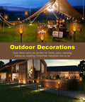 4 Pack 96 LED Solar Tiki Torches With Flickering Flame 43 Inch Tall Outdoor Lights illuminating yard and patio at night