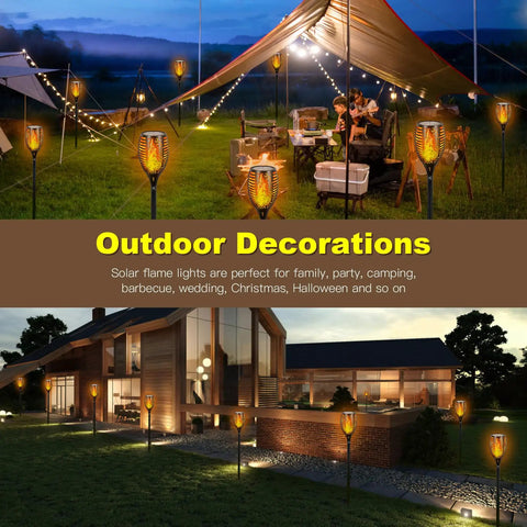 4 Pack 96 LED Solar Tiki Torches With Flickering Flame 43 Inch Tall Outdoor Lights illuminating yard and patio at night