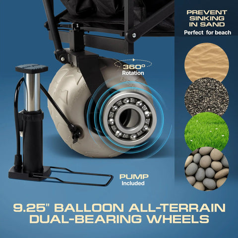 Foldable Beach Wagon With 9 Inch All Terrain Wheels Beast Heavy Duty Cart Close-up of wheel and pump included