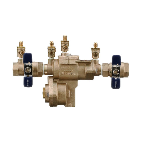 Lead Free Bronze Reduced Pressure Zone Backflow Preventer Assembly Three Quarter Inch With Quarter Turn Shutoff Tamper Resistant Handles Top Mounted Test Cocks And Spring Loaded Check Valves For Water Line And Irrigation System 175 PSI front view