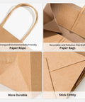 Close-up of 100 Pack Small Brown Kraft Paper Gift Bags With Handles, showing sturdy construction and recyclable paper details.